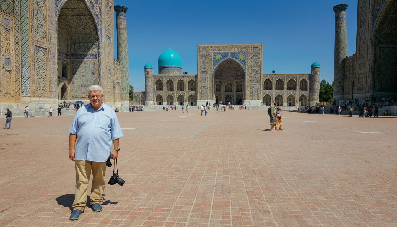 Peter Jurgilewitsch vor den historischen Moscheen in Samarkand, Usbekistan
